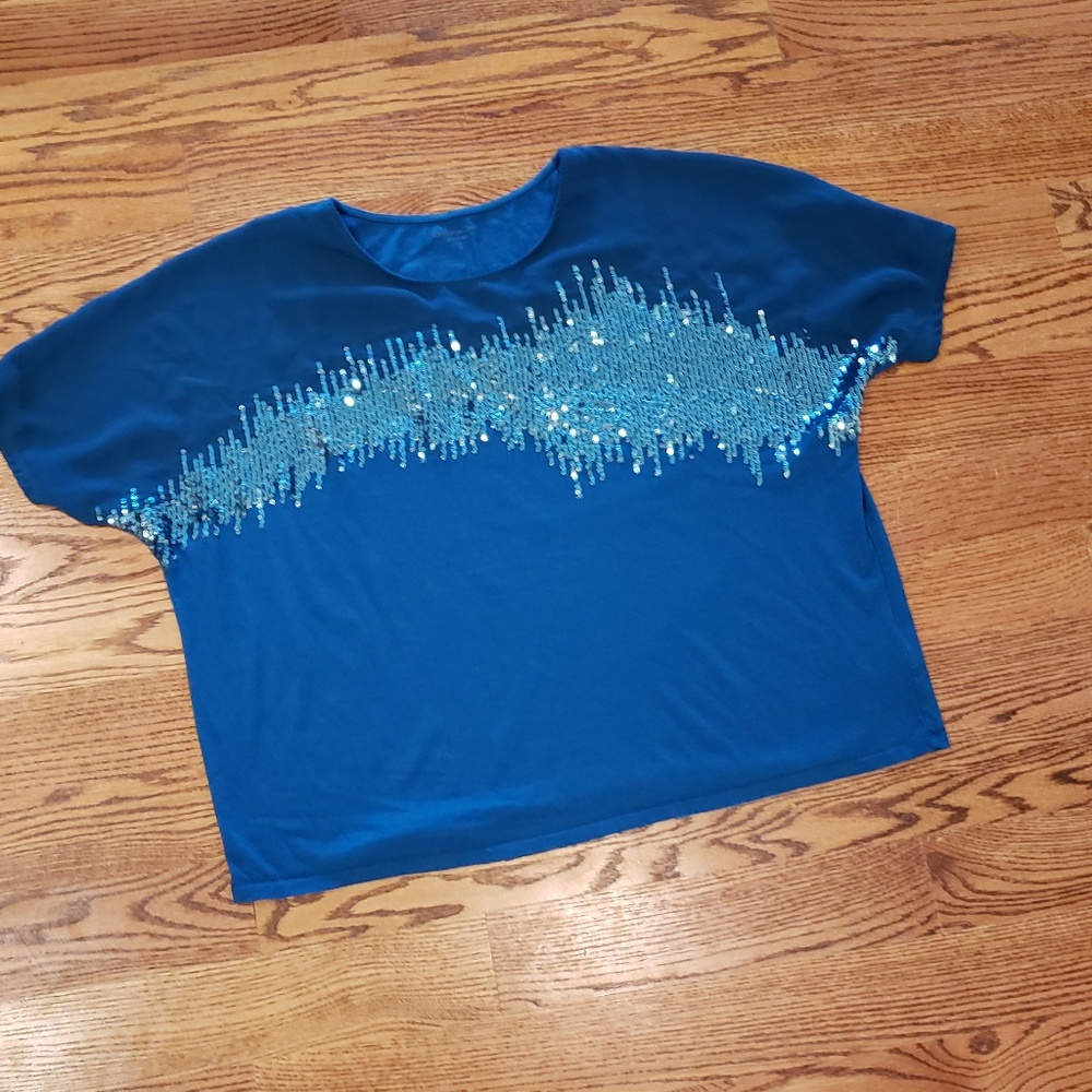 Blue mixed media top with sequin embellishments